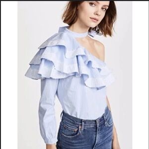 Veronica Beard Isla one sleeve stripe blouse size 0 blue white